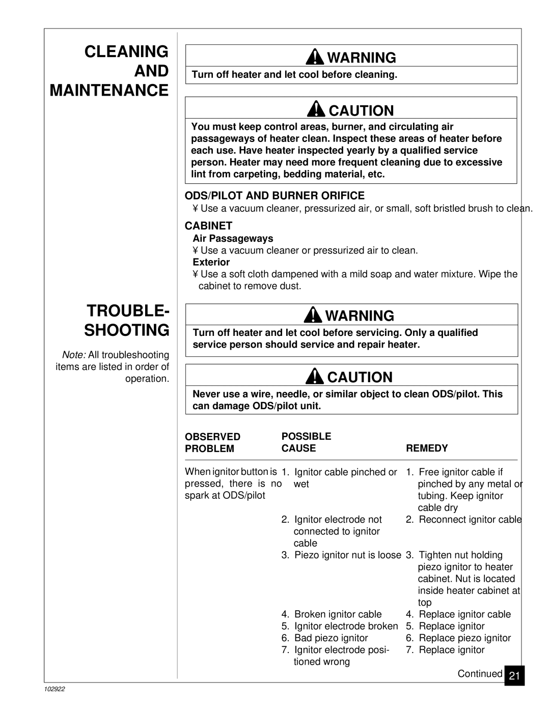 Desa Tech CGP10T Cleaning and Maintenance Trouble Shooting, ODS/PILOT and Burner Orifice, Cabinet, Air Passageways 