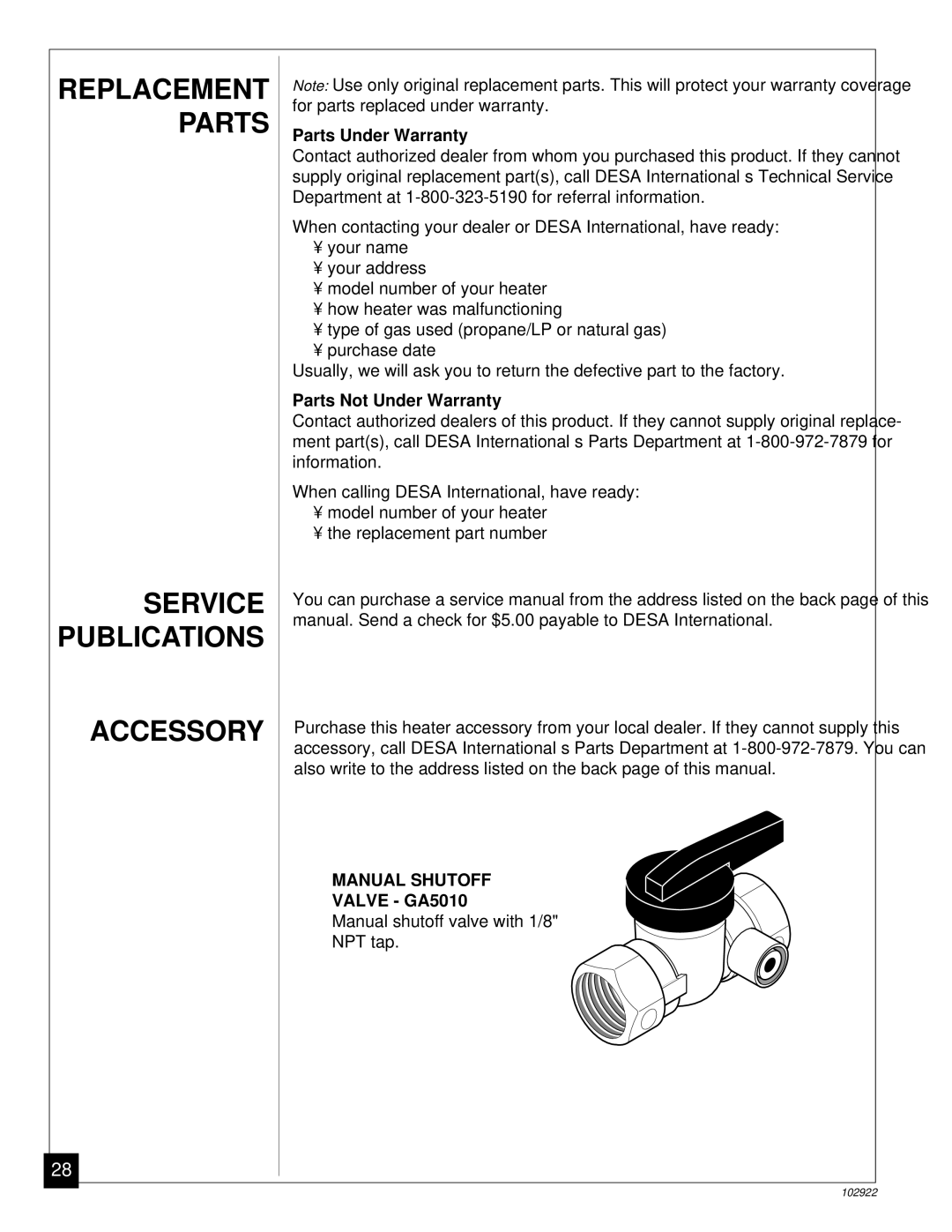 Desa Tech CGP10T Replacement Parts Service Publications Accessory, Parts Under Warranty, Parts Not Under Warranty 