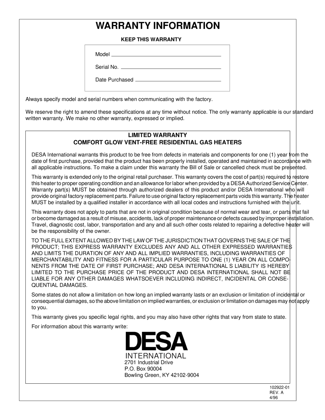 Desa Tech CGP10T installation manual Warranty Information, Keep this Warranty 