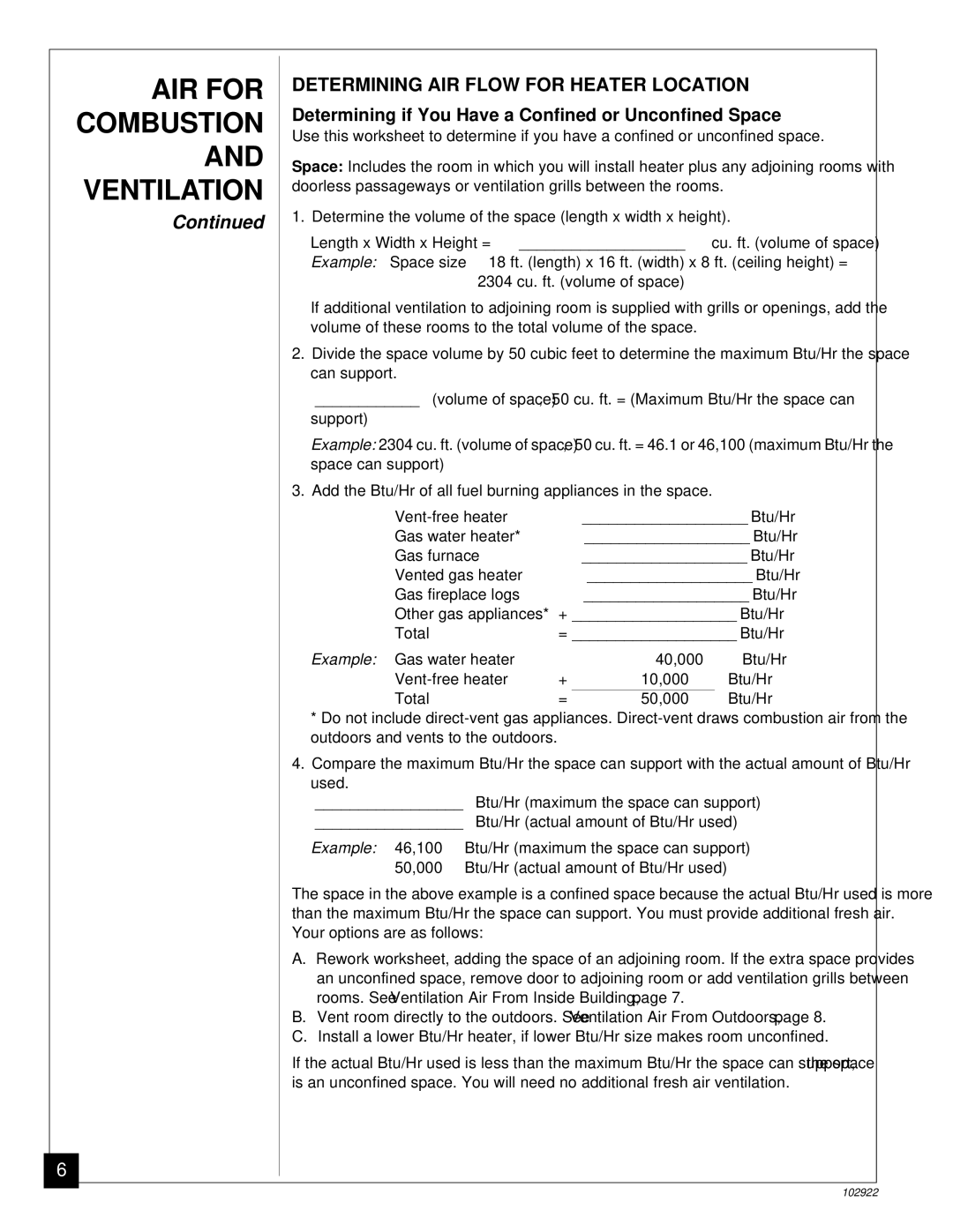 Desa Tech CGP10T Determining AIR Flow for Heater Location, Determining if You Have a Confined or Unconfined Space 