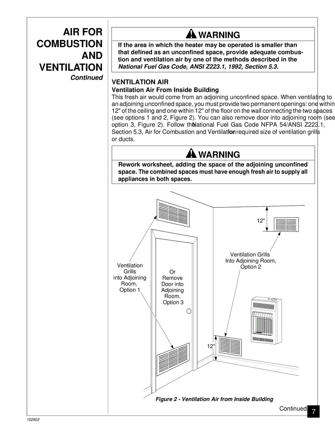 Desa Tech CGP10T installation manual Ventilation AIR, Ventilation Air From Inside Building 