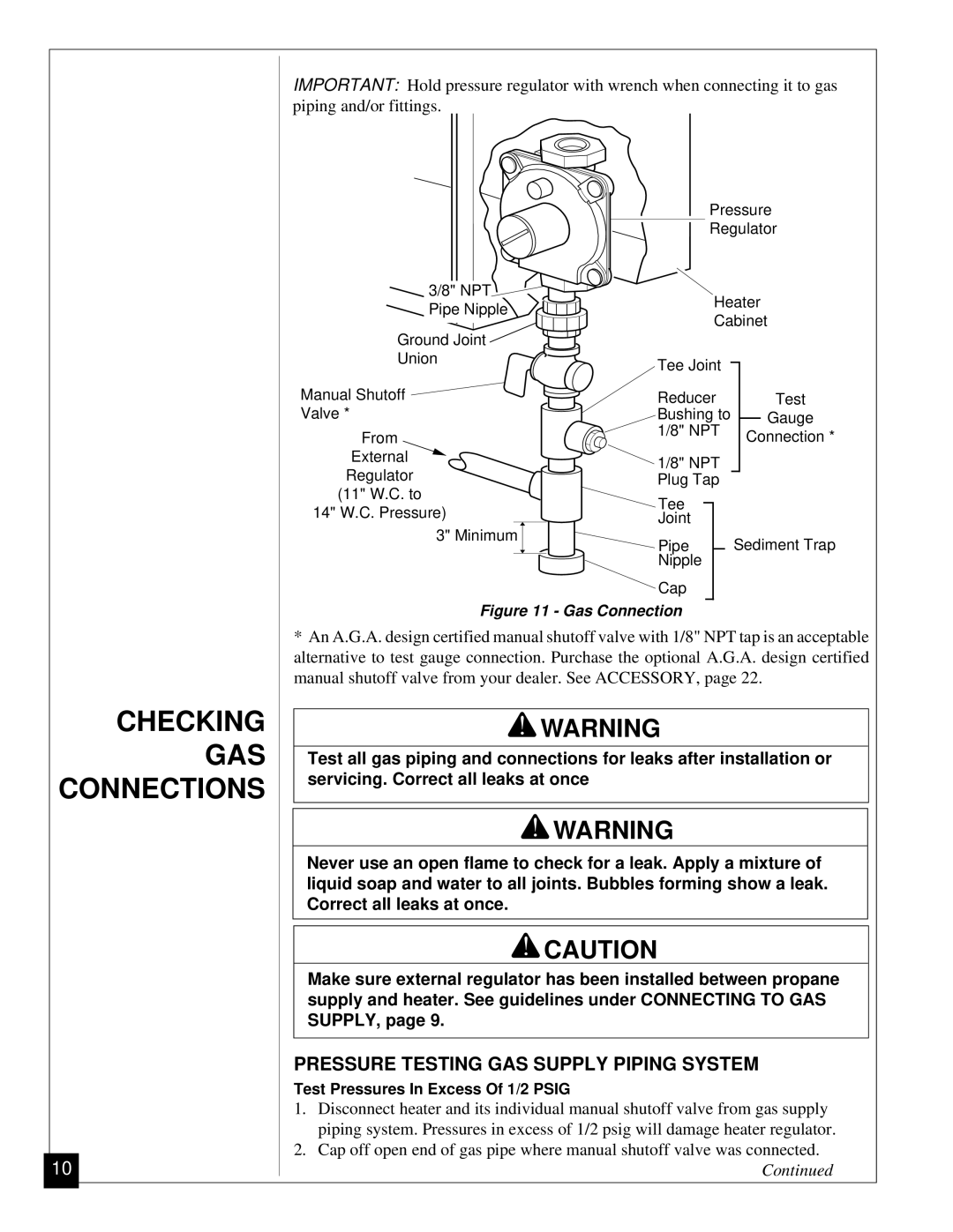 Desa Tech CGP11 installation manual Checking GAS Connections, Pressure Testing GAS Supply Piping System 