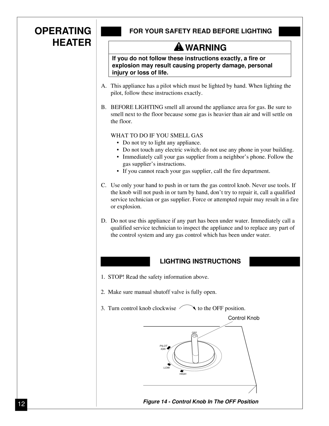 Desa Tech CGP11 installation manual Operating Heater, For Your Safety Read Before Lighting, Lighting Instructions 