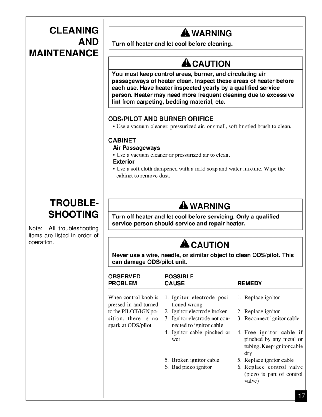 Desa Tech CGP11 Cleaning and Maintenance Trouble Shooting, ODS/PILOT and Burner Orifice, Cabinet, Air Passageways 