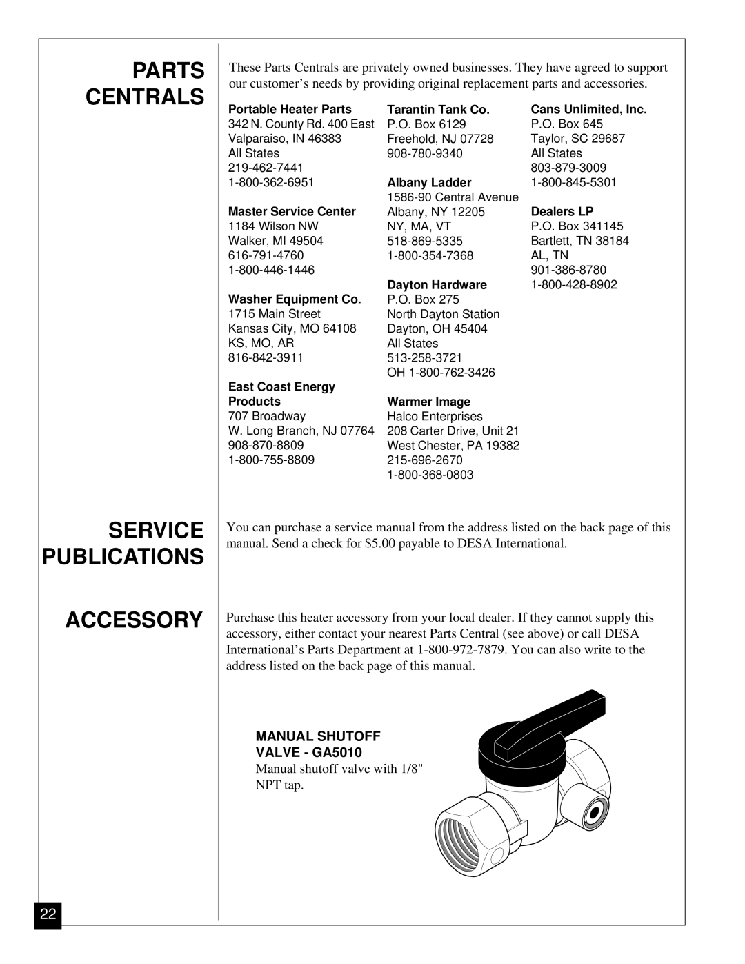 Desa Tech CGP11 installation manual Parts Centrals, Service Publications Accessory, Valve GA5010 