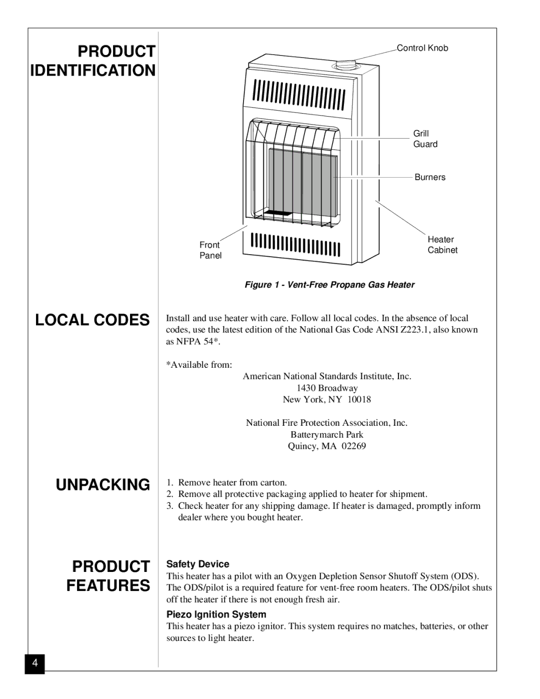 Desa Tech CGP11 Product Identification, Local Codes Unpacking Product Features, Safety Device, Piezo Ignition System 