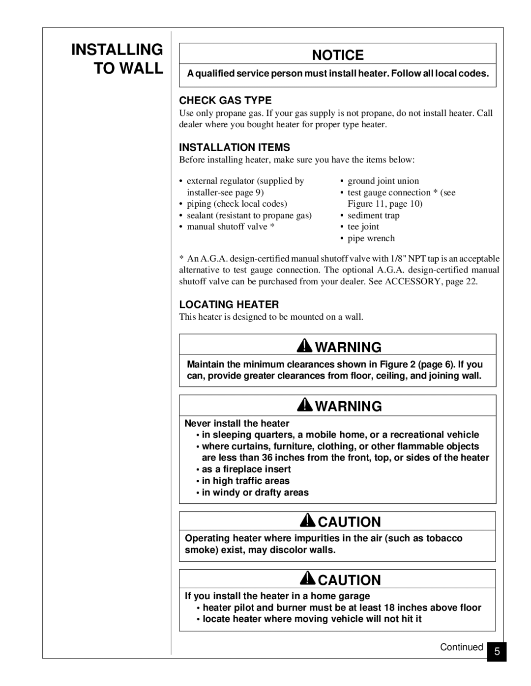 Desa Tech CGP11 installation manual Check GAS Type, Installation Items, Locating Heater 