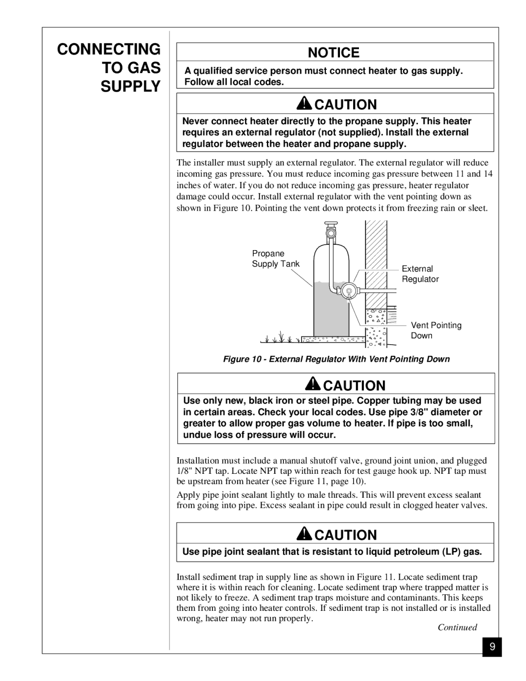 Desa Tech CGP11 installation manual Connecting to GAS Supply, External Regulator With Vent Pointing Down 