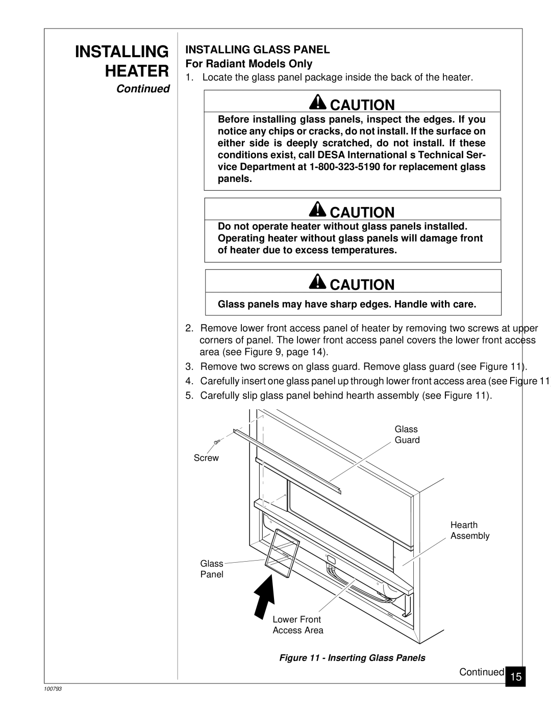 Desa Tech CGR65BPA, CGR35PA, CGR50BPA, CGR50PA, CGR65PA installation manual Installing Glass Panel, For Radiant Models Only 