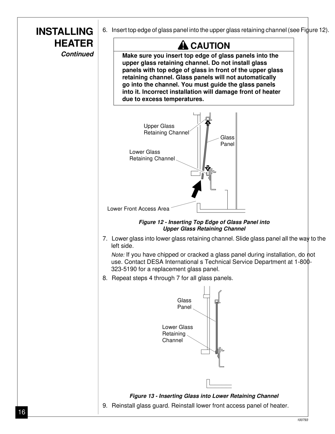 Desa Tech CGR35PA, CGR65BPA, CGR50BPA, CGR50PA, CGR65PA installation manual Inserting Glass into Lower Retaining Channel 