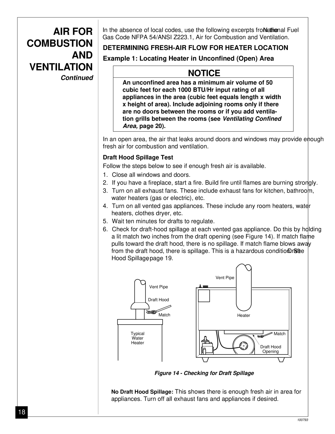 Desa Tech CGR50PA, CGR65BPA AIR for, Ventilation, Determining FRESH-AIR Flow for Heater Location, Draft Hood Spillage Test 