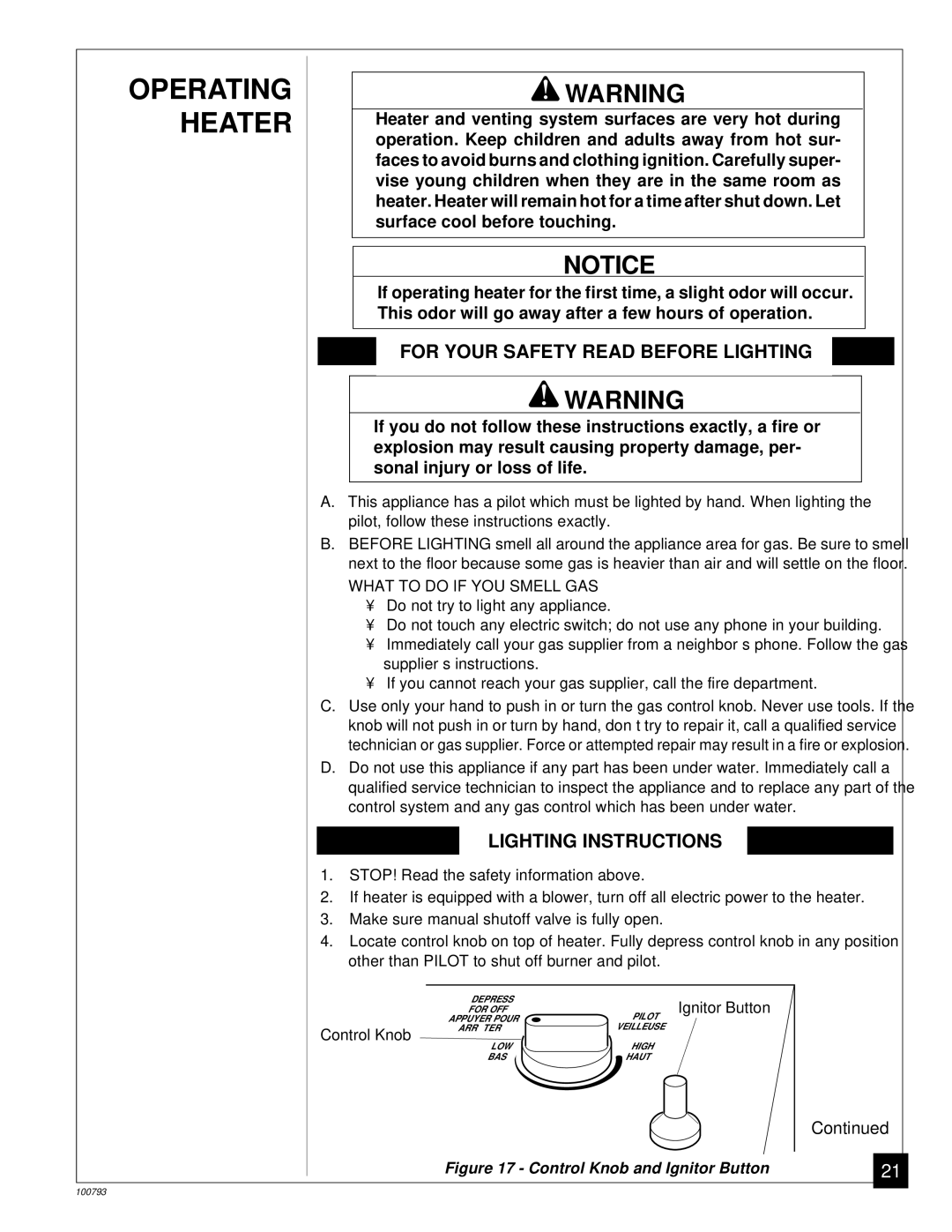 Desa Tech CGR35PA, CGR65BPA, CGR50BPA, CGR50PA Operating Heater, For Your Safety Read Before Lighting, Lighting Instructions 