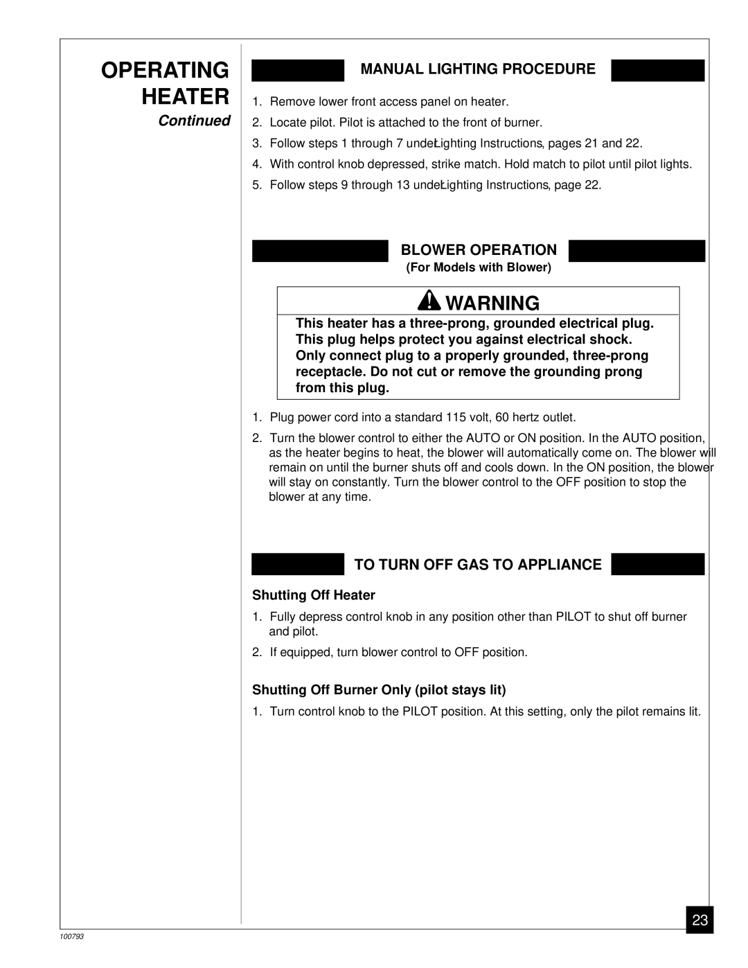 Desa Tech CGR50PA, CGR65BPA Manual Lighting Procedure, Blower Operation, To Turn OFF GAS to Appliance, Shutting Off Heater 