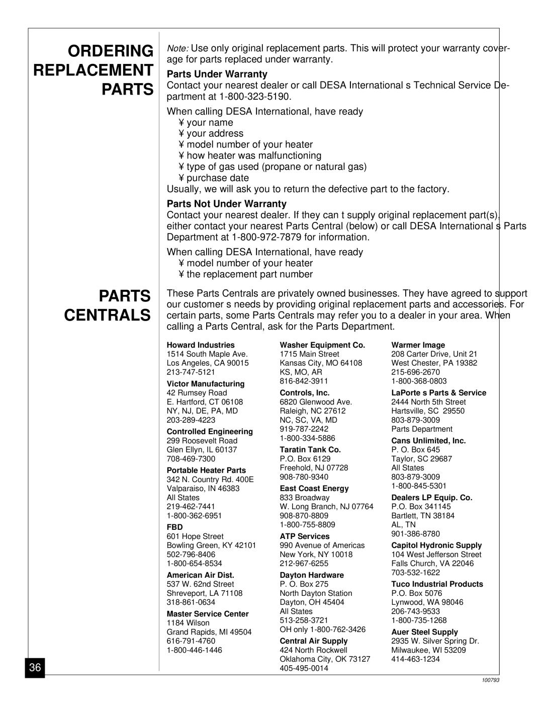 Desa Tech CGR35PA, CGR65BPA, CGR50BPA, CGR50PA Ordering, Centrals, Parts Under Warranty, Parts Not Under Warranty 