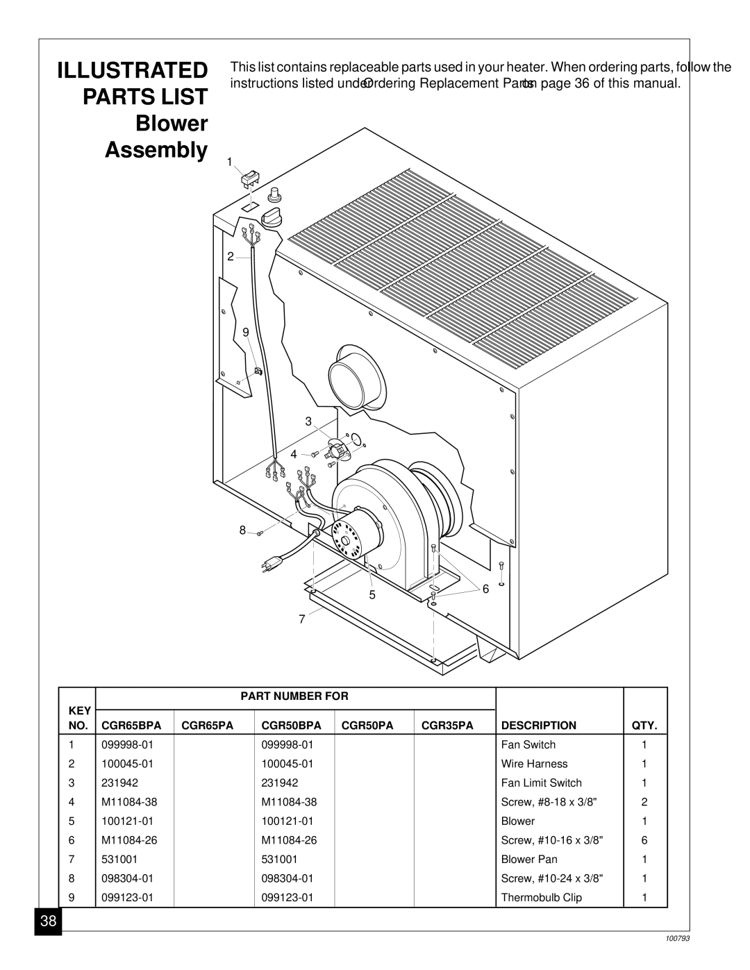 Desa Tech CGR50PA, CGR65BPA, CGR35PA, CGR50BPA, CGR65PA installation manual Illustrated Parts List, Blower Assembly 