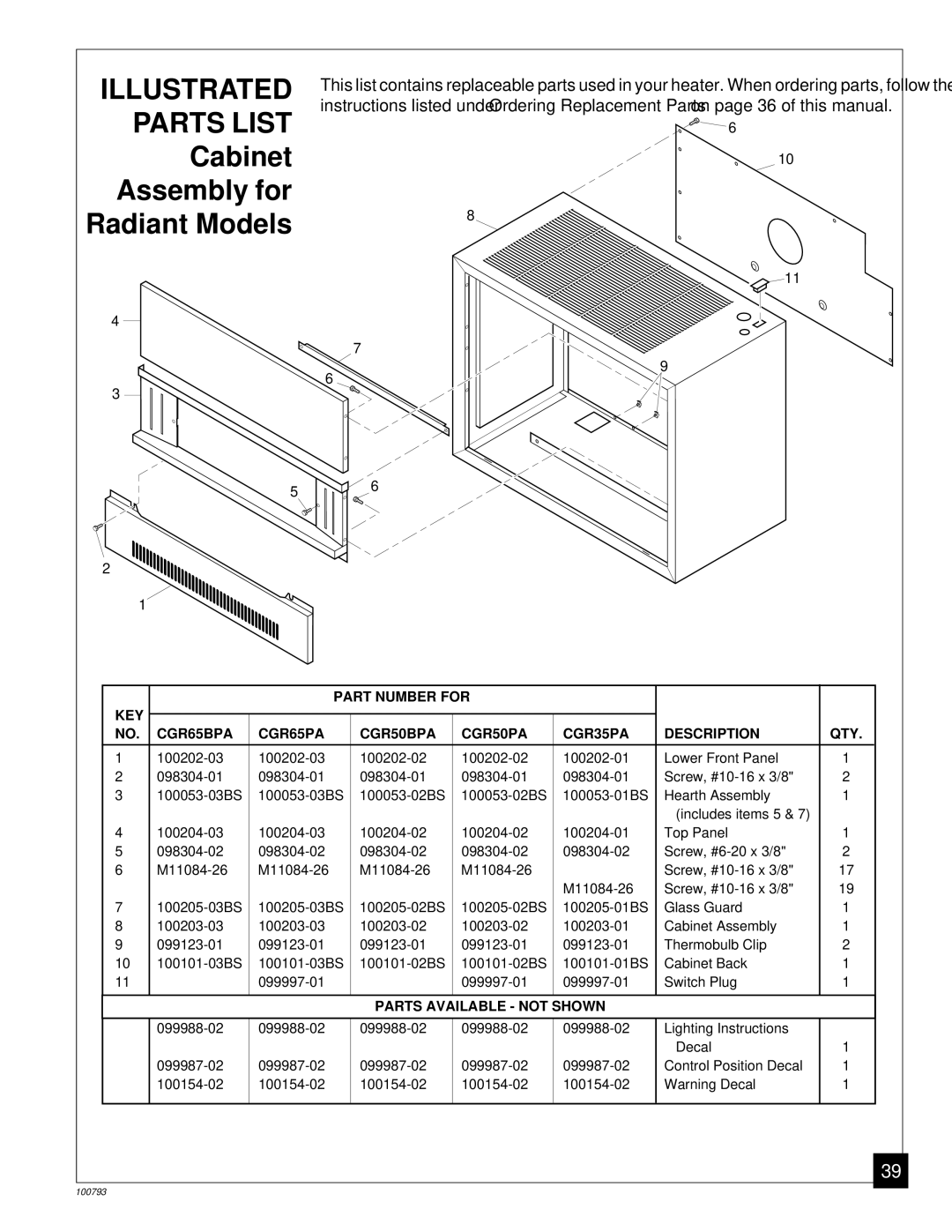 Desa Tech CGR65PA, CGR65BPA, CGR35PA, CGR50BPA, CGR50PA Illustrated Parts List Cabinet Assembly for Radiant Models 