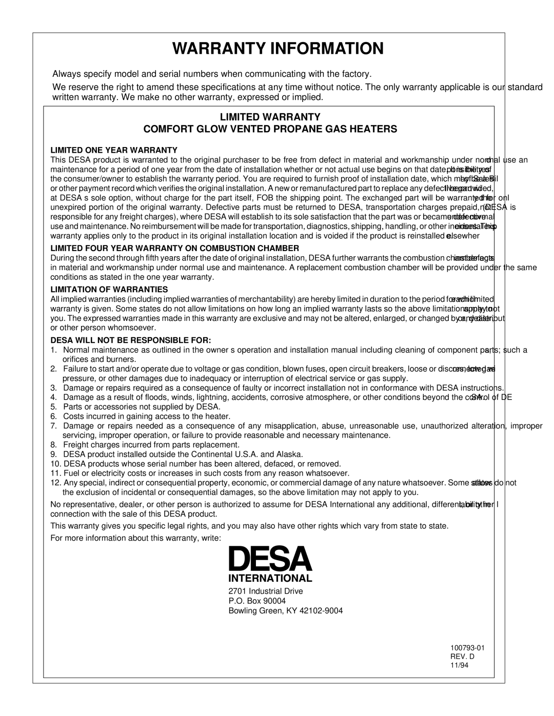 Desa Tech CGR65PA, CGR65BPA, CGR35PA, CGR50PA Warranty Information, Limited Warranty Comfort Glow Vented Propane GAS Heaters 