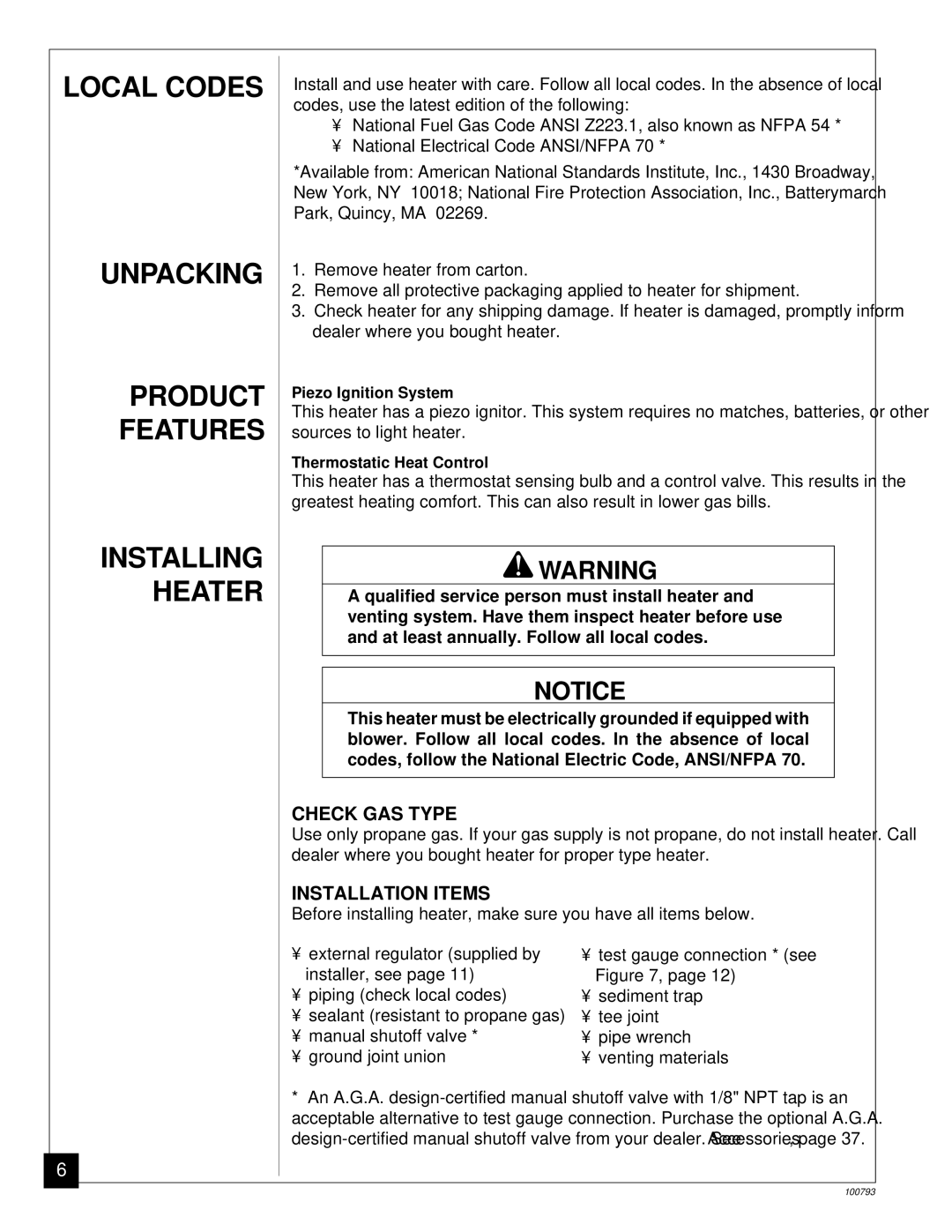 Desa Tech CGR35PA, CGR65BPA, CGR50BPA, CGR50PA Unpacking, Features, Installing Heater, Check GAS Type, Installation Items 