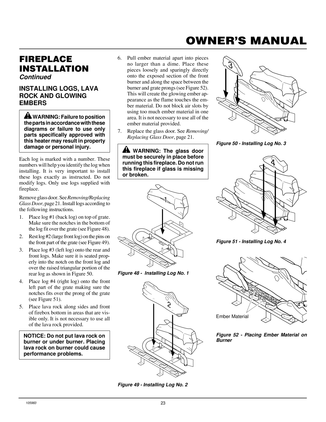 Desa Tech CHDV34NA, CHDV34PA installation manual Installing LOGS, Lava Rock and Glowing Embers, Installing Log No 