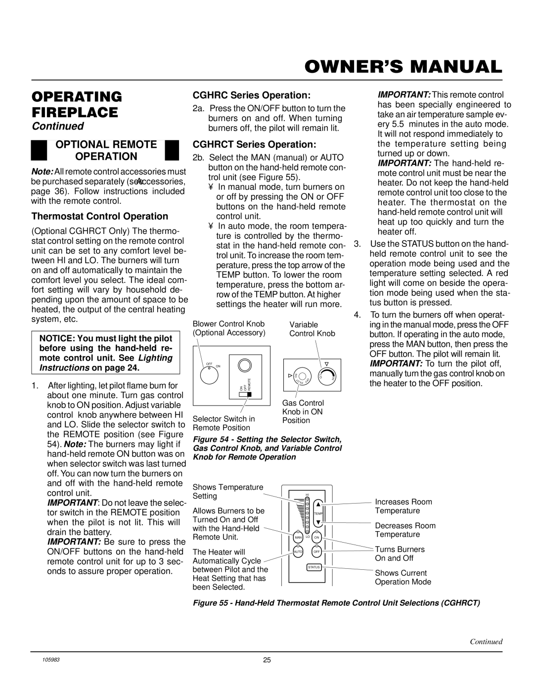 Desa Tech CHDV34NA, CHDV34PA Optional Remote Operation, Thermostat Control Operation, Cghrc Series Operation 