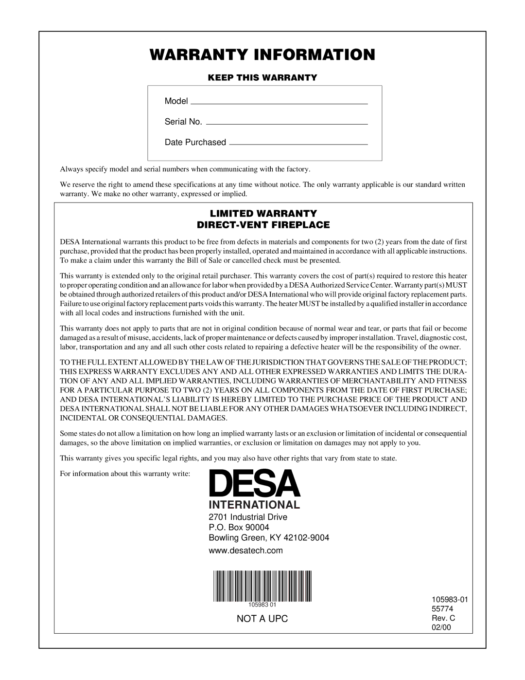 Desa Tech CHDV34NA, CHDV34PA installation manual Warranty Information 