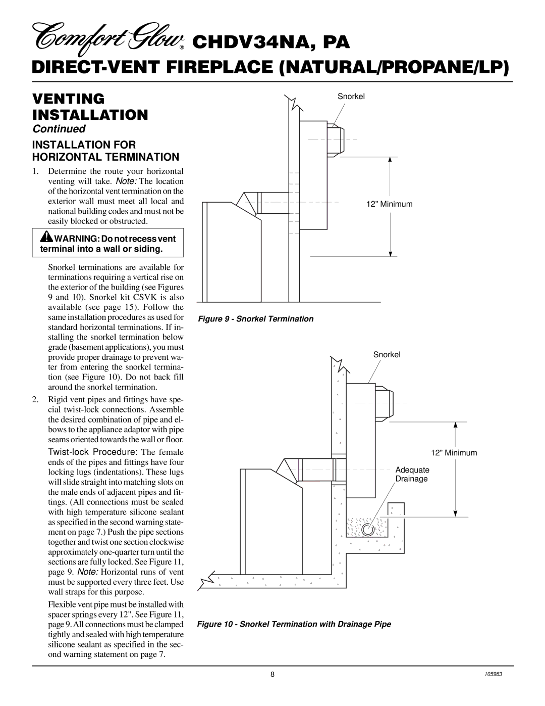 Desa Tech CHDV34NA, CHDV34PA installation manual Installation for Horizontal Termination, Snorkel Termination 