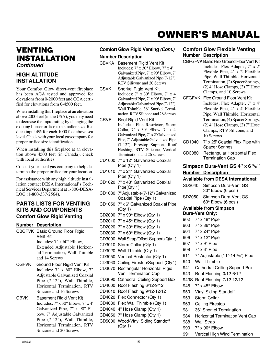 Desa Tech CHDV37N High Altitude Installation, Parts Lists for Venting Kits and Components, Comfort Glow Rigid Venting 