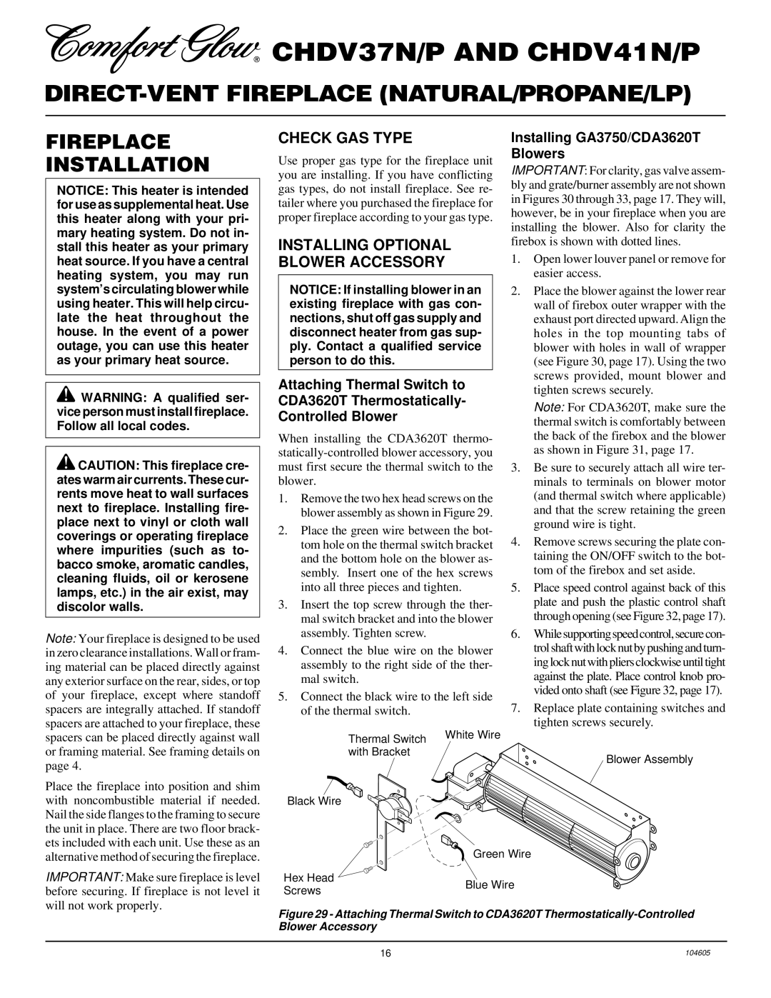 Desa Tech CHDV41P, CHDV41N, CHDV37P, CHDV37N Fireplace Installation, Check GAS Type, Installing Optional Blower Accessory 