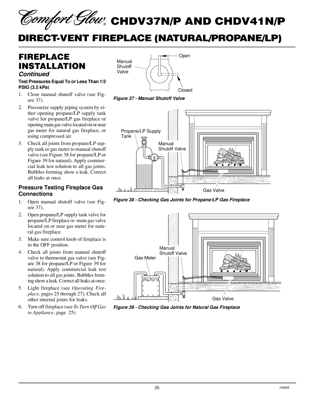 Desa Tech CHDV41P, CHDV41N, CHDV37P Pressure Testing Fireplace Gas Connections, Close manual shutoff valve see Fig- ure 