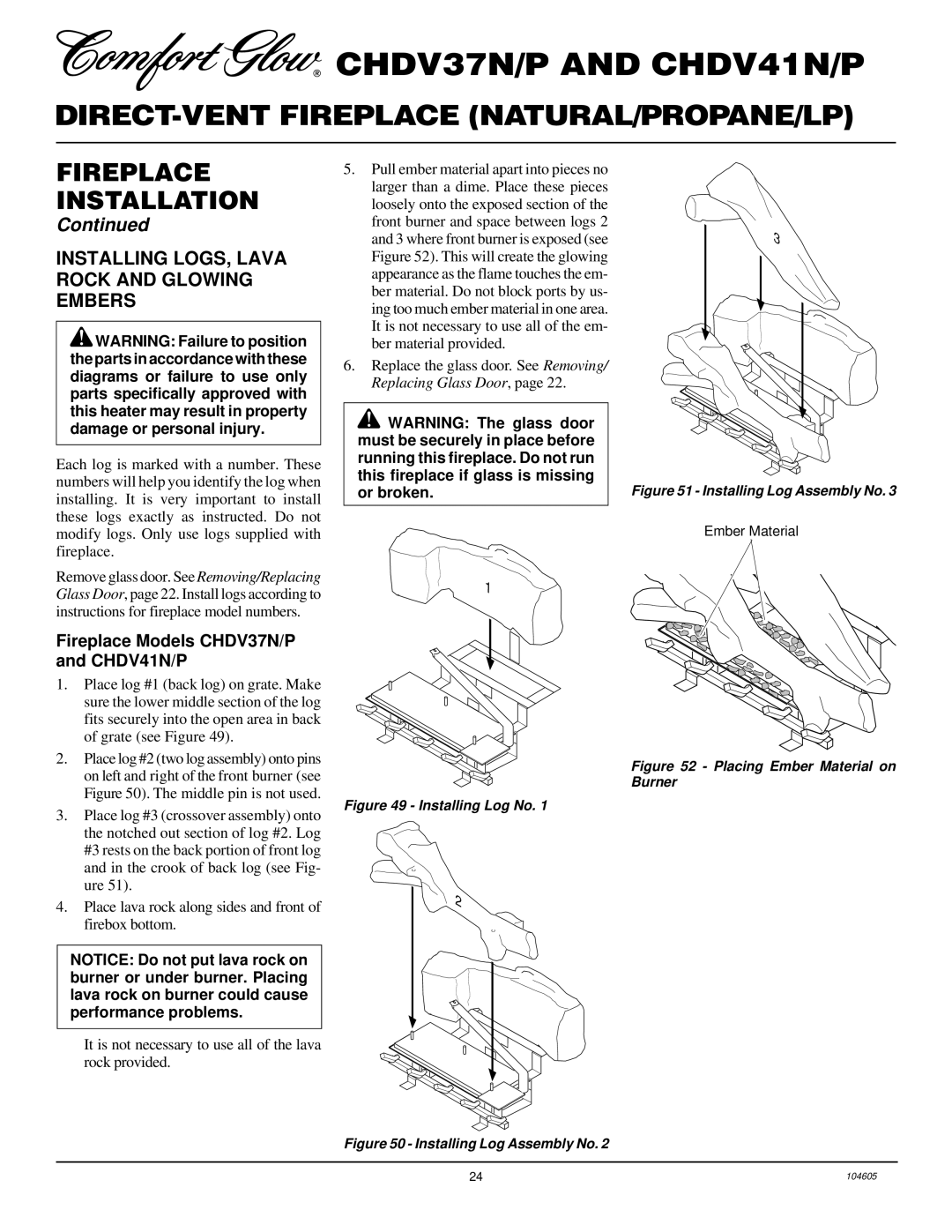 Desa Tech CHDV41P, CHDV37P Installing LOGS, Lava Rock and Glowing Embers, Fireplace Models CHDV37N/P and CHDV41N/P 