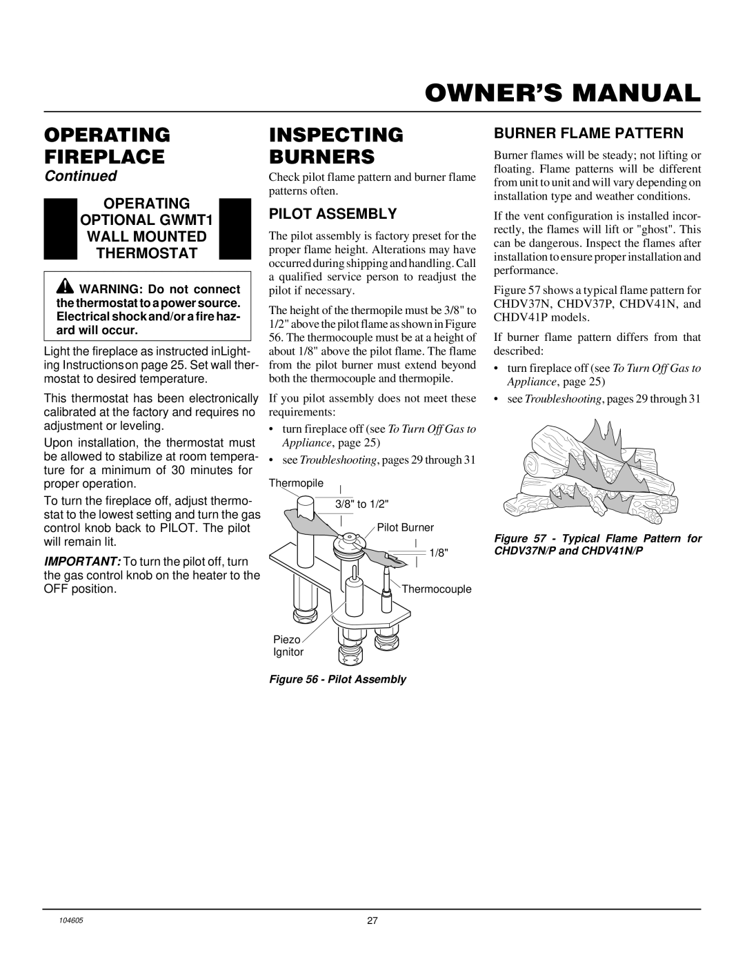 Desa Tech CHDV37N, CHDV41P, CHDV41N Inspecting Burners, Operating Optional GWMT1 Wall Mounted Thermostat, Pilot Assembly 