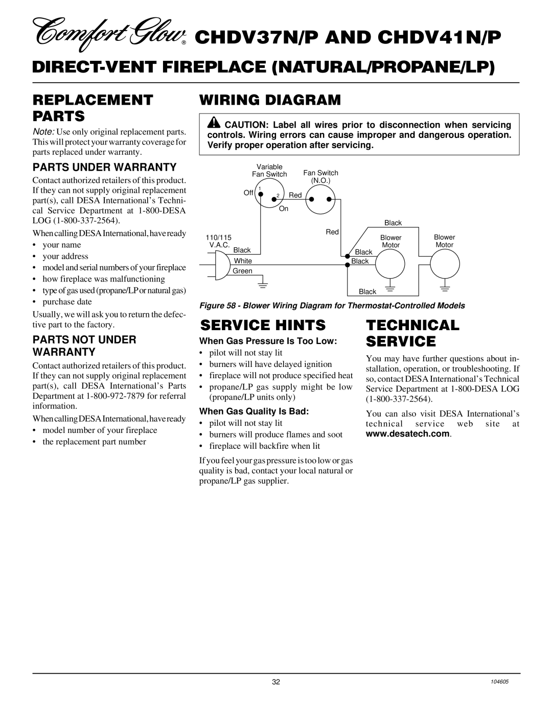 Desa Tech CHDV41P, CHDV41N Replacement Parts Wiring Diagram, Service Hints, Technical Service, Parts Under Warranty 