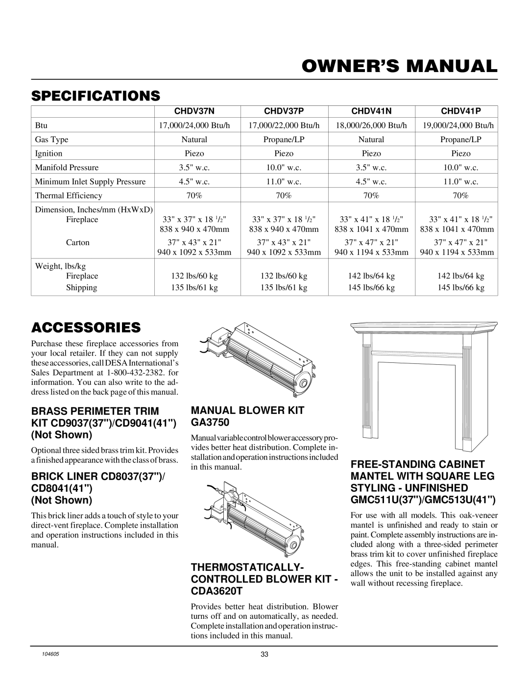 Desa Tech CHDV41N Specifications, Accessories, Manual Blower KIT GA3750, THERMOSTATICALLY- Controlled Blower KIT CDA3620T 