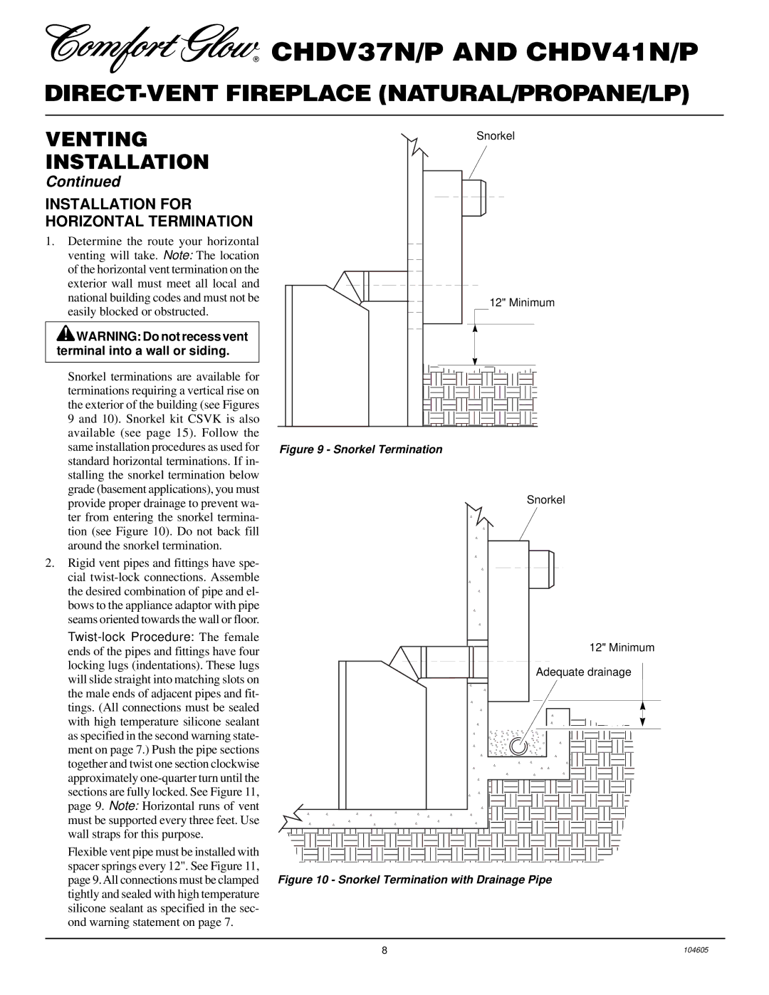 Desa Tech CHDV41P, CHDV41N, CHDV37P, CHDV37N installation manual Installation for Horizontal Termination, Snorkel Termination 