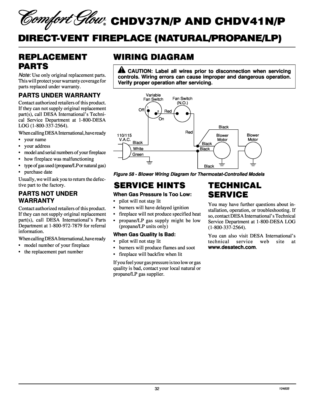 Desa Tech CHDV41P, CHDV41N Replacement Parts, Wiring Diagram, Service Hints, Technical Service, Parts Under Warranty 