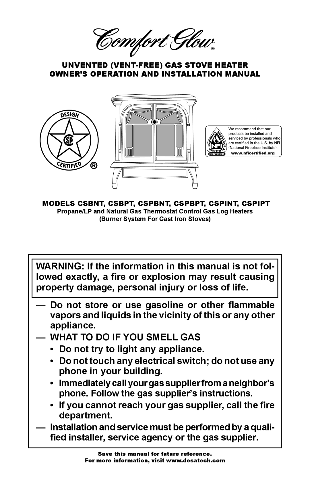 Desa Tech CSPIPT installation manual What to do if YOU Smell GAS, Models CSBNT, CSBPT, CSPBNT, CSPBPT, CSPINT, Cspipt 