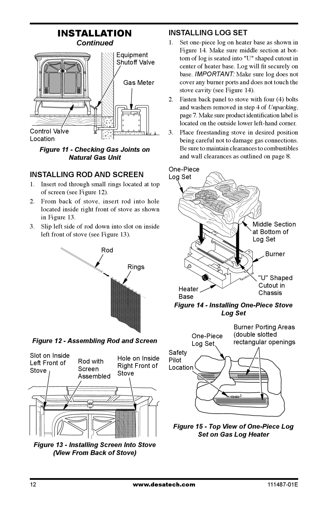 Desa Tech CSBNT Installing LOG SET, Installing ROD and Screen, Stove cavity see Figure, Wall clearances as outlined on 