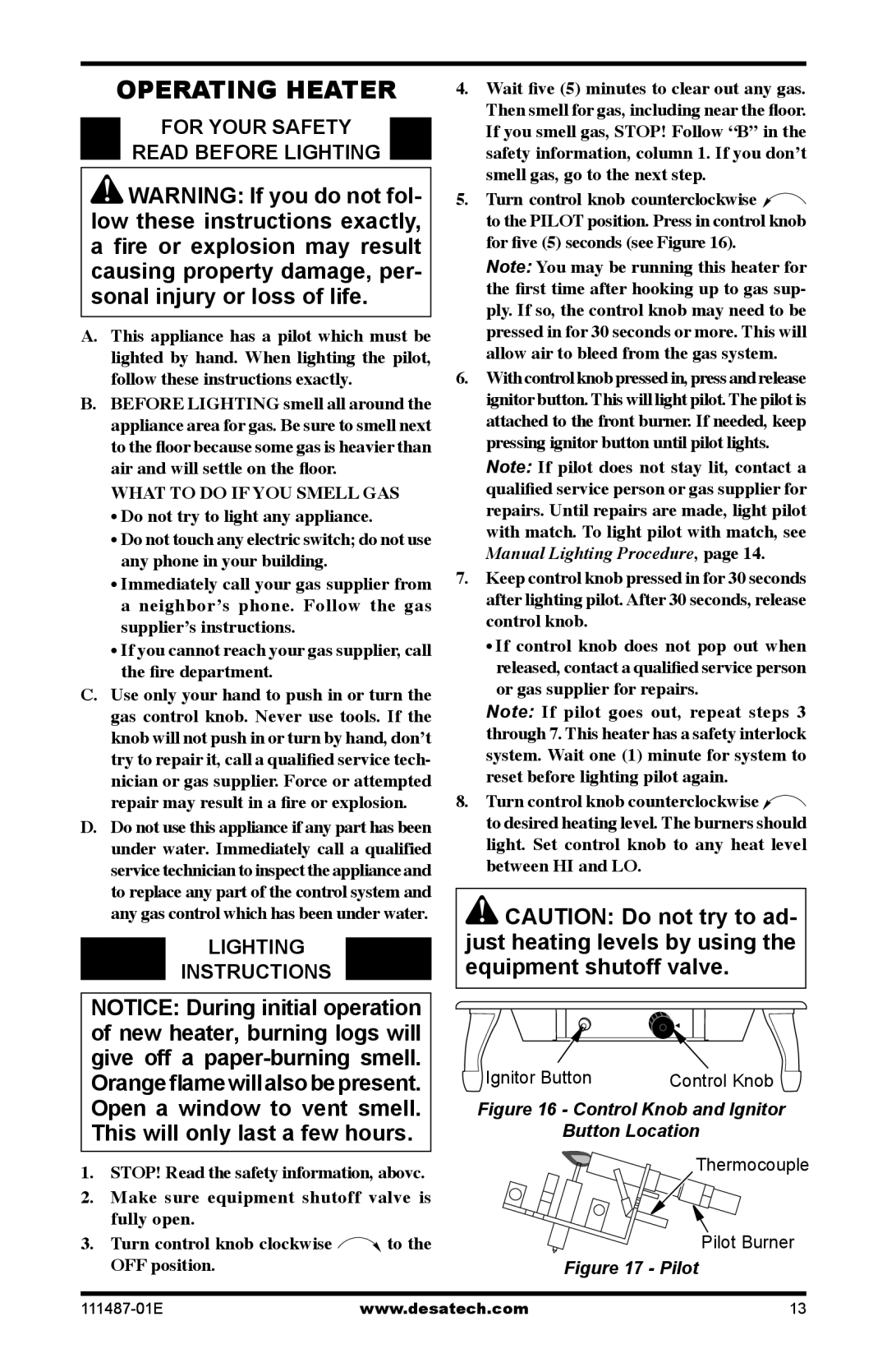 Desa Tech CSPINT, CSBNT, CSBPT, CSPIPT, CSPBPT Operating Heater, For Your Safety Read Before Lighting, Lighting Instructions 