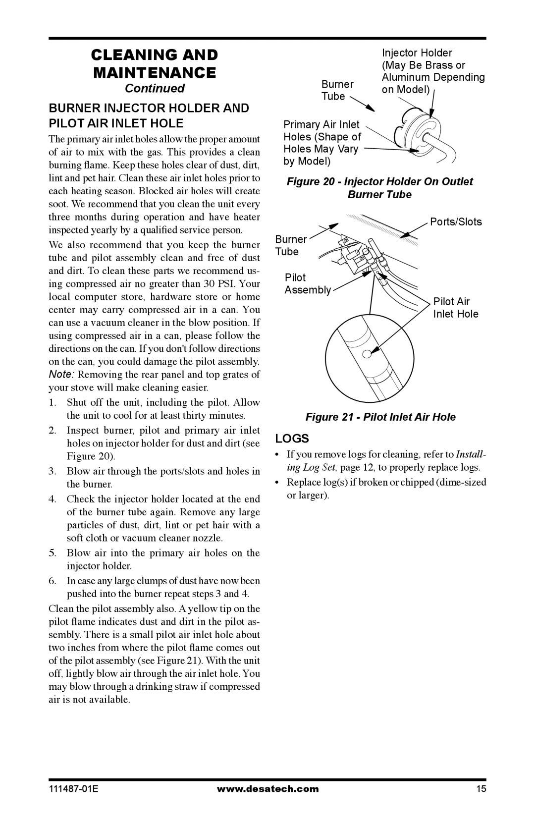 Desa Tech CSPIPT, CSBNT, CSPINT, CSBPT, CSPBPT, CSPBNT installation manual Burner Injector Holder and Pilot AIR Inlet Hole, Logs 