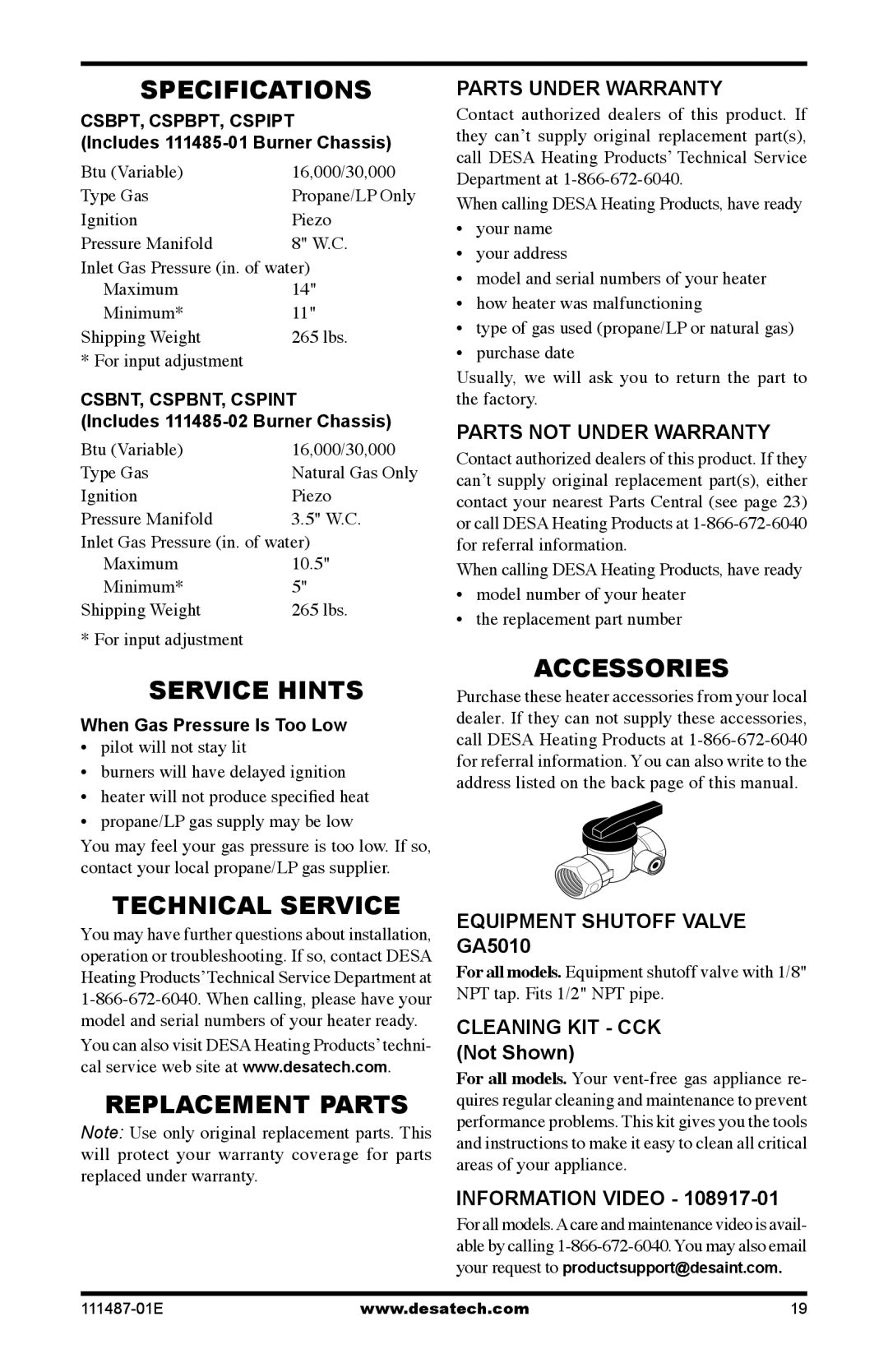 Desa Tech CSPINT, CSBNT, CSBPT, CSPIPT Specifications, Service Hints, Technical Service, Replacement Parts, Accessories 