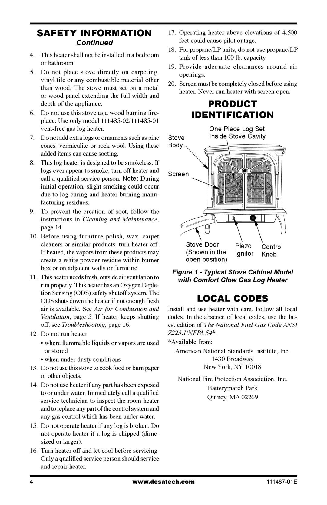 Desa Tech CSPBPT, CSBNT, CSPINT, CSBPT Product Identification, Local Codes, Provide adequate clearances around air openings 