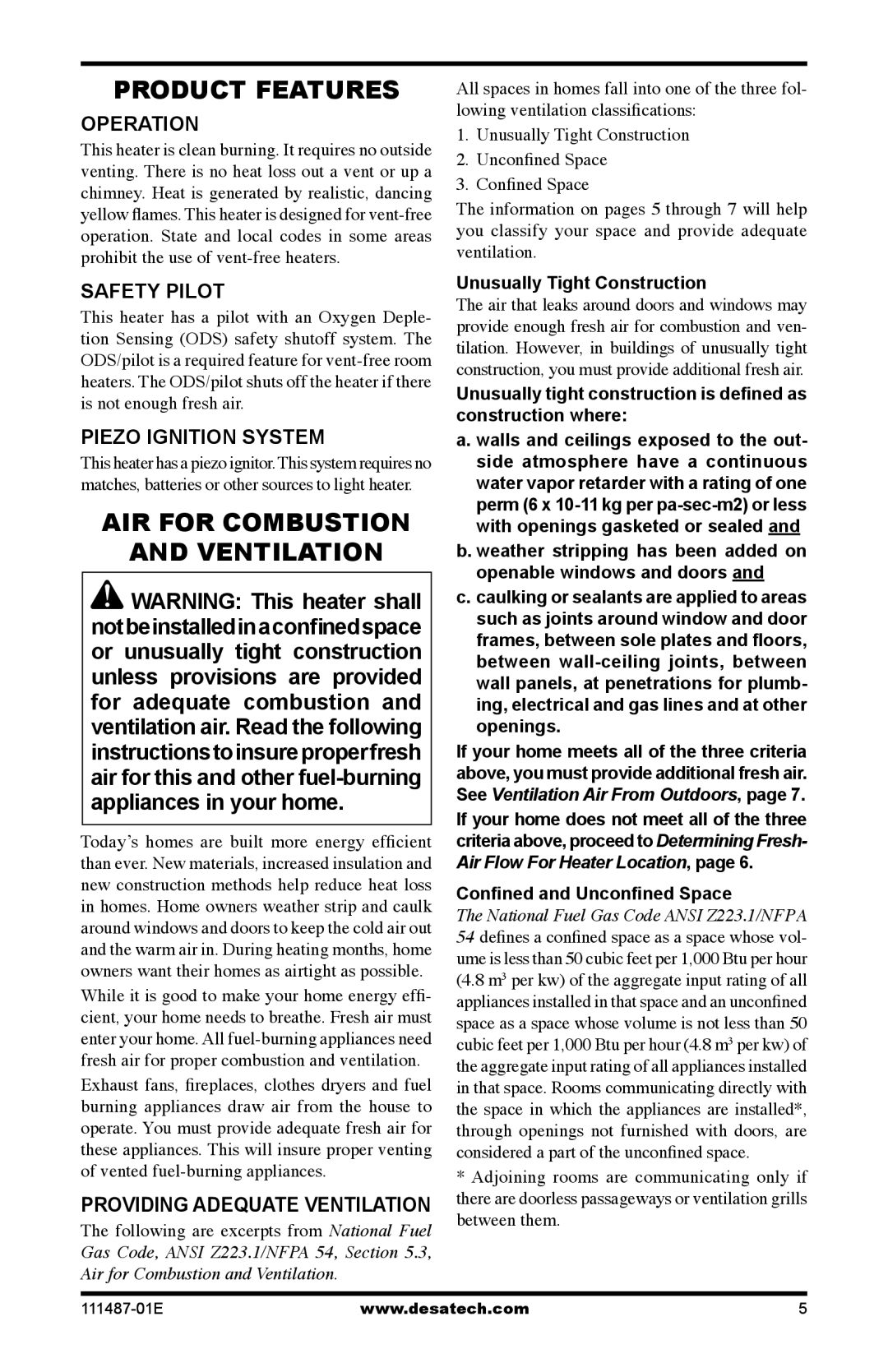 Desa Tech CSPBNT, CSBNT, CSPINT, CSBPT, CSPIPT, CSPBPT installation manual Product Features, AIR for Combustion Ventilation 