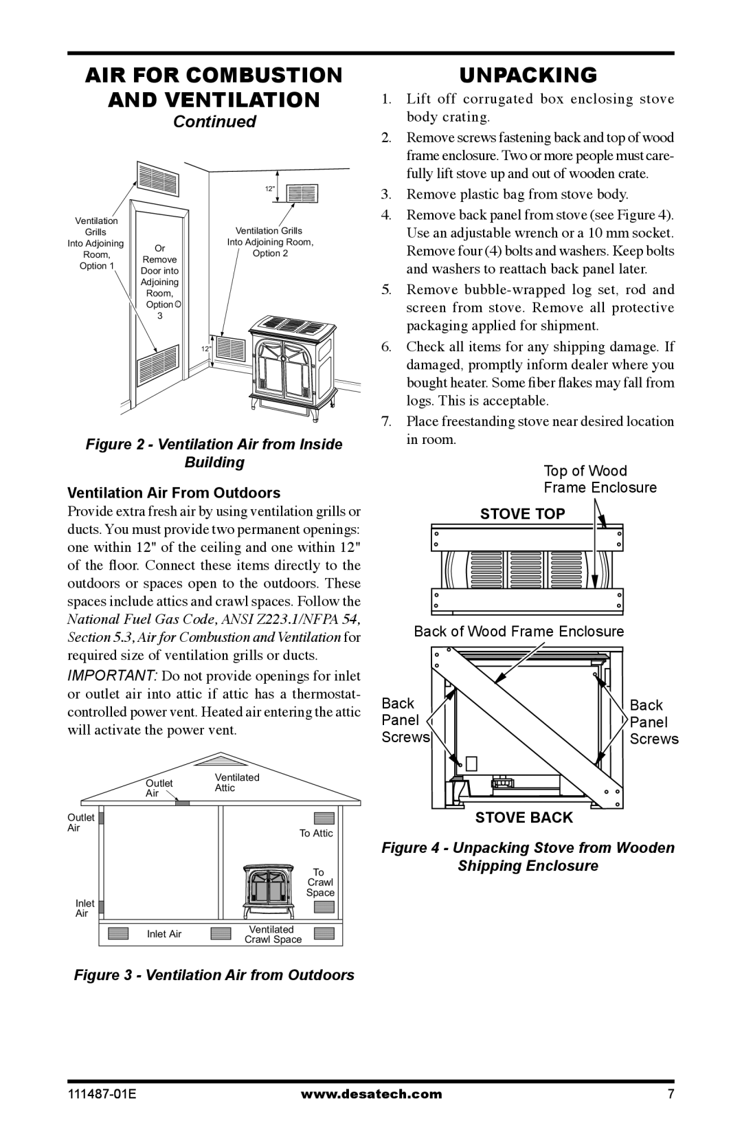 Desa Tech CSPINT, CSBNT, CSBPT, CSPIPT, CSPBPT, CSPBNT AIR for Combustion Ventilation Unpacking, Ventilation Air From Outdoors 