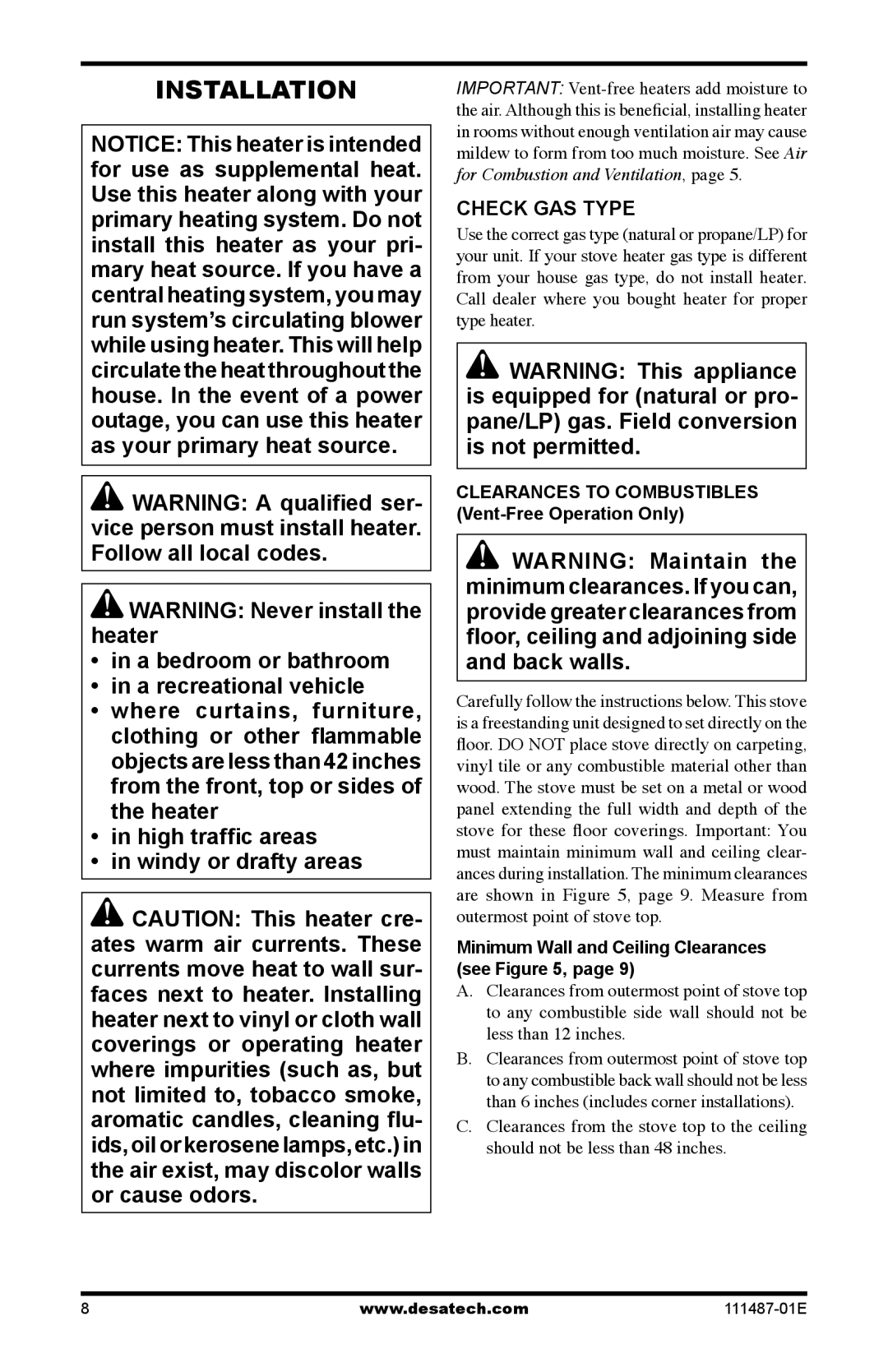 Desa Tech CSBPT, CSBNT, CSPINT, CSPIPT Installation, Check GAS Type, Clearances to Combustibles Vent-Free Operation Only 