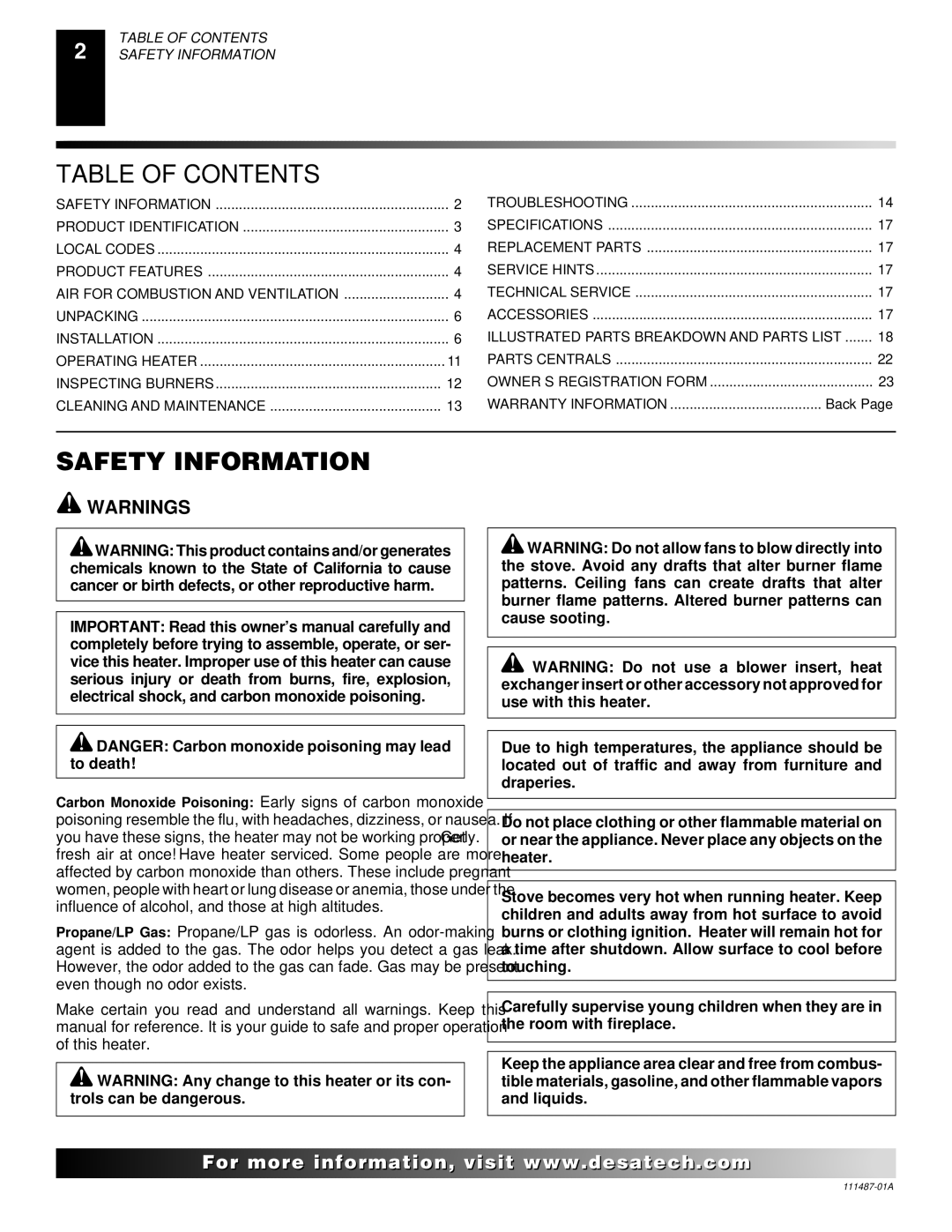 Desa Tech CSNPT installation manual Table of Contents, Safety Information 