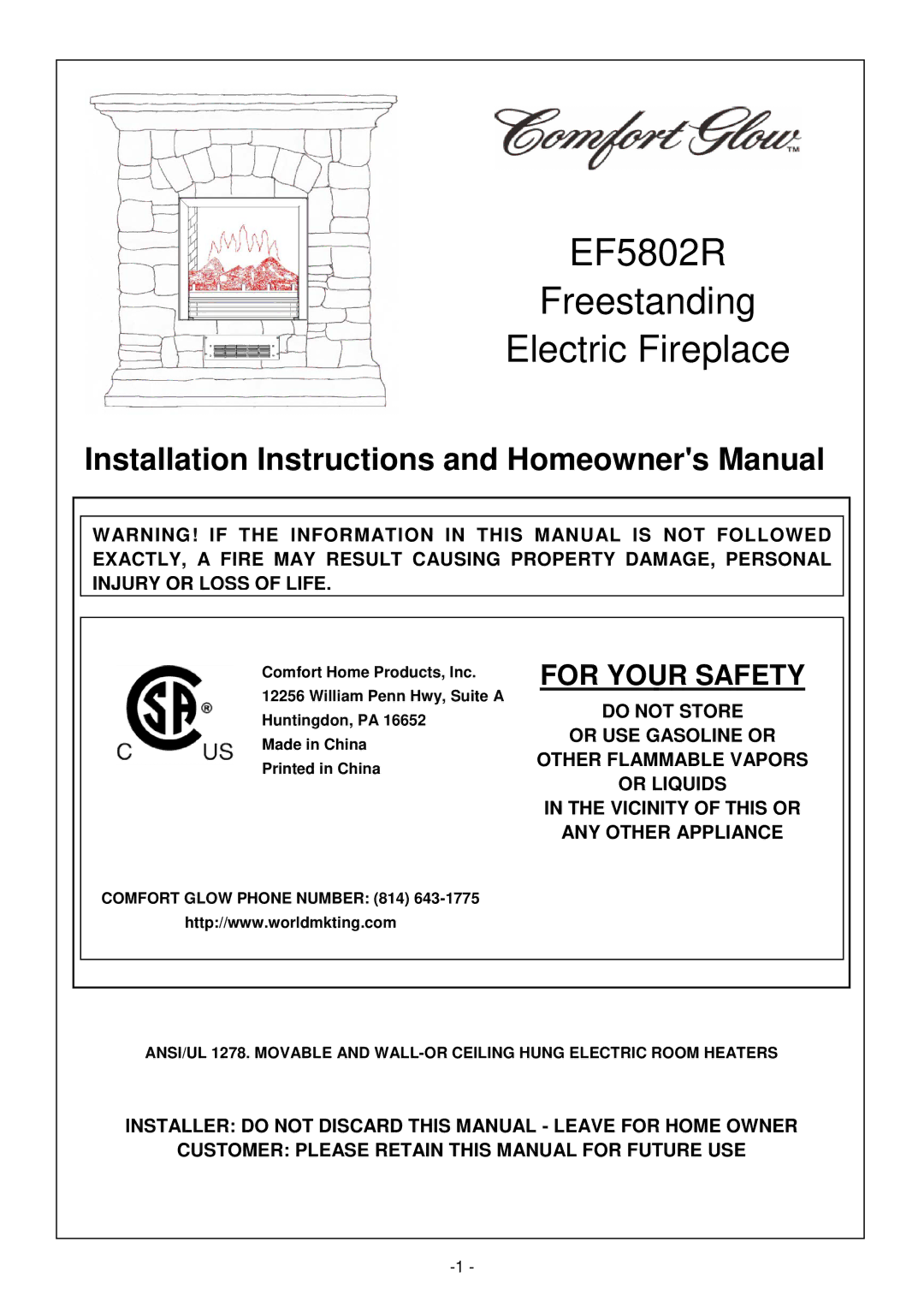 Desa Tech installation instructions EF5802R Freestanding Electric Fireplace, For Your Safety 