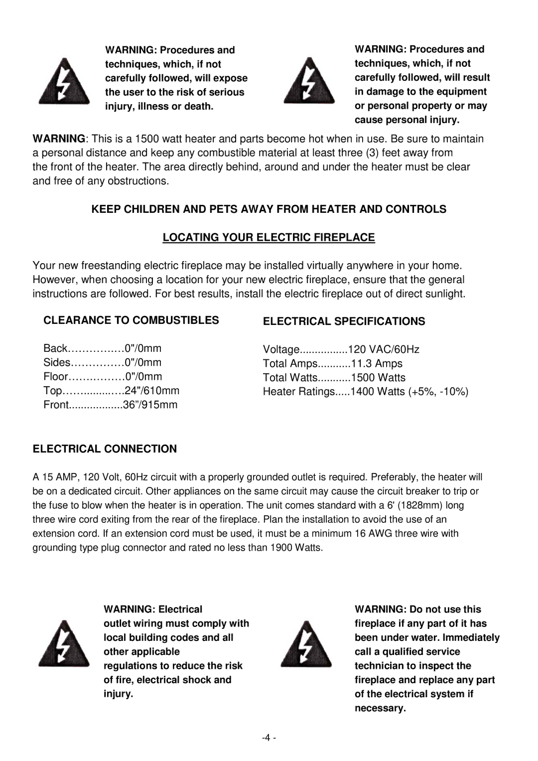 Desa Tech EF5802R installation instructions Clearance to Combustibles Electrical Specifications, Electrical Connection 