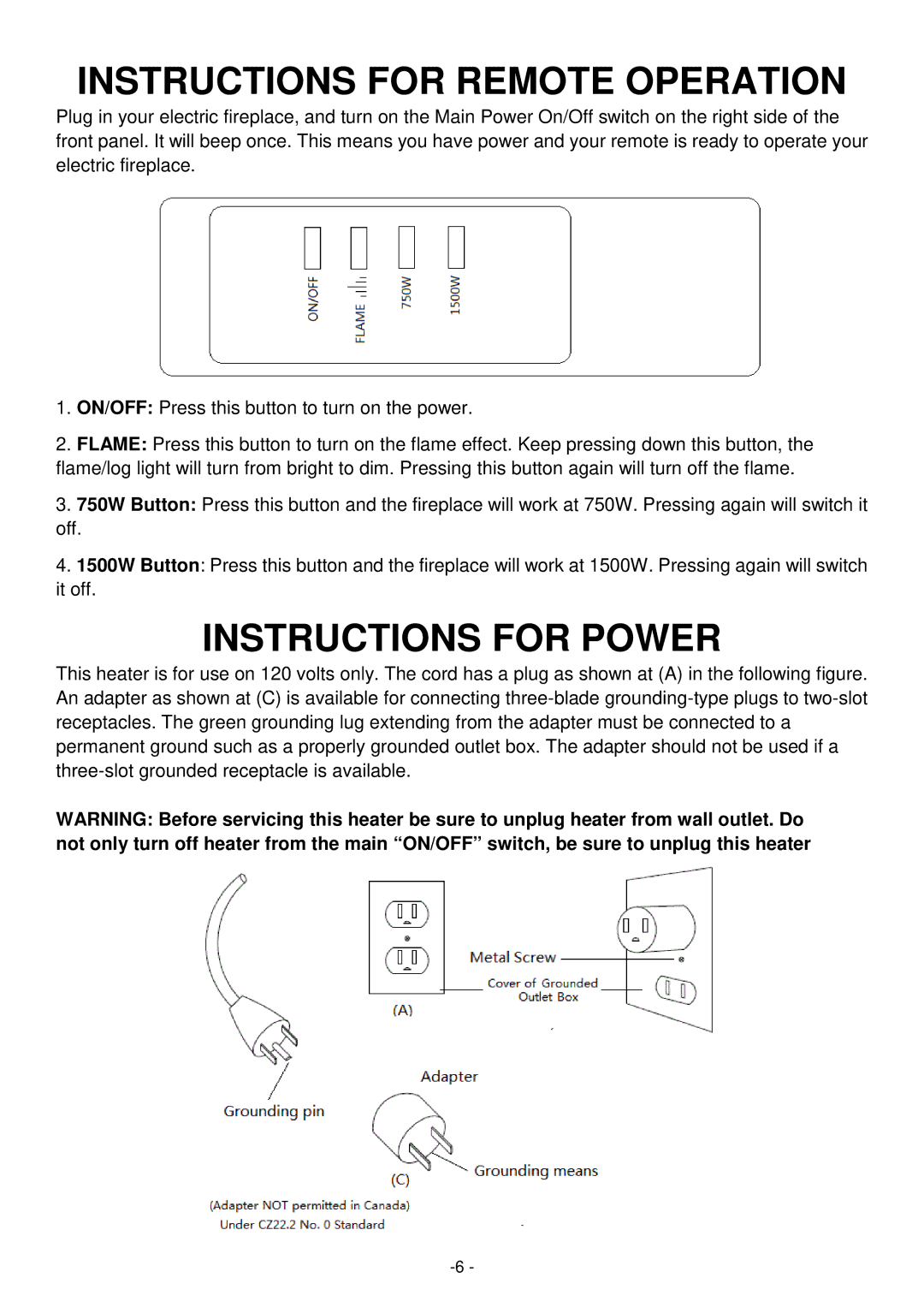 Desa Tech EF5802R installation instructions Instructions for Remote Operation, Instructions for Power 