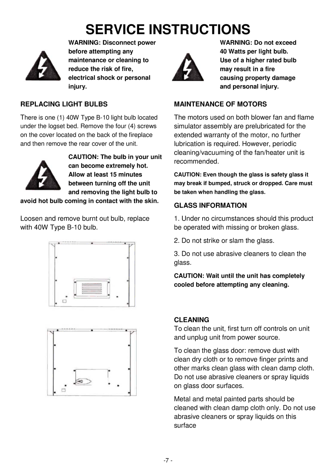 Desa Tech EF5802R Service Instructions, Replacing Light Bulbs, Maintenance of Motors, Glass Information, Cleaning 