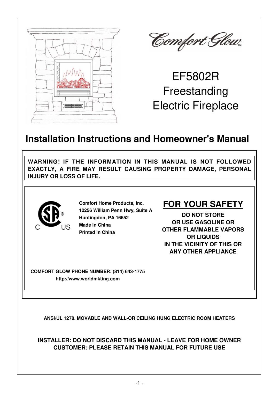 Desa Tech installation instructions For Your Safety, EF5802R Freestanding Electric Fireplace 